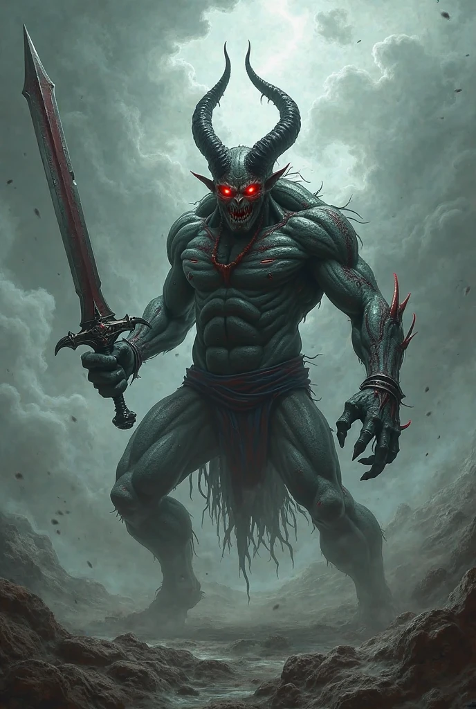 Devil With black skin colour, creepy horns and
red eyes and glowing purple and green colour combination sword in hand
He should has six pack abs
And scary smile