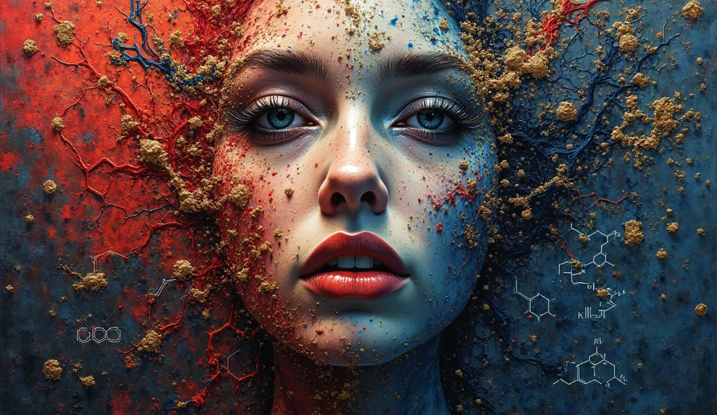 3D puzzles , Gaze at the beauty  , Redhead, Explosive warhead, Machine parts embedded in the face, volatile, inspired by Igor Morski, dramatic artwork, photomanipulation, photo manipulation, disintegration,, explosion of data fragments, Tinnitus, Official artwork, incredible high details, photoshop art, Noise effect, Dark blue