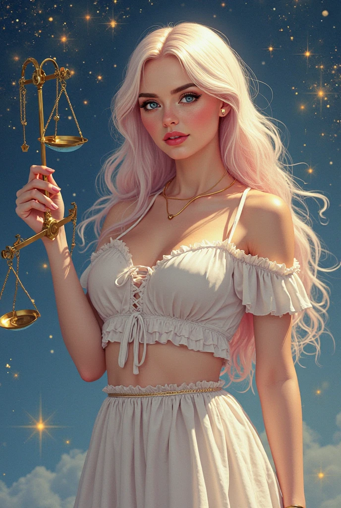 Generates an image of the Goddess Aphrodite with pink hair holding the golden scales of the Libra sign