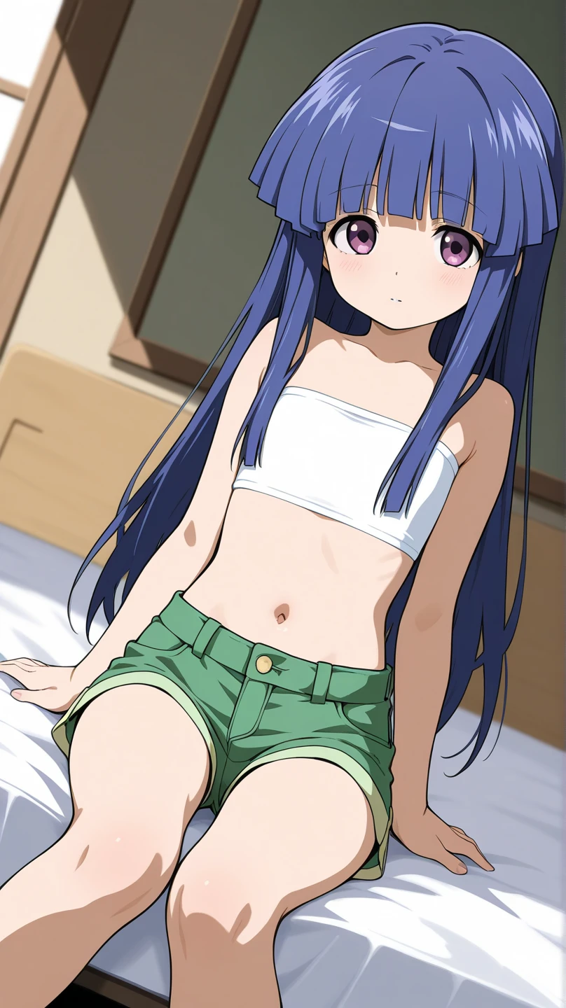 Cabello largo plateado, ojos verdes, sport clothes, white clothes, petite, topless, muslos hermosos, sonrisa, bedroom