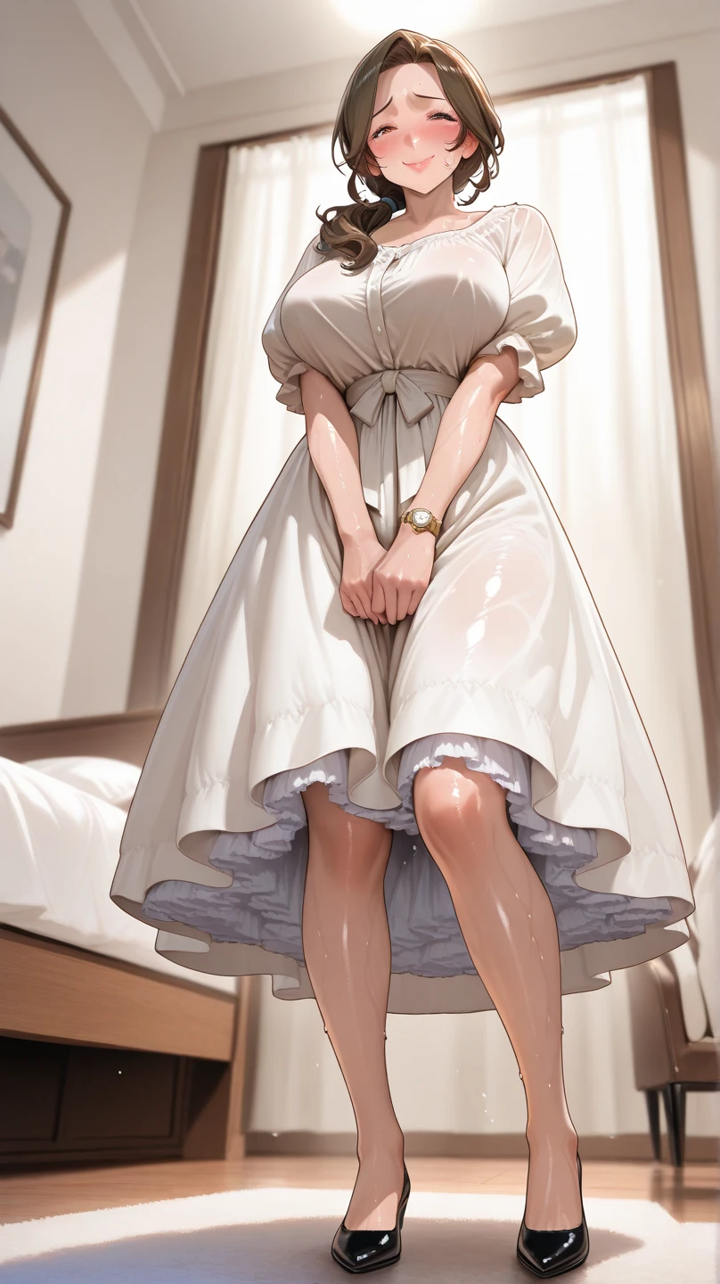 A woman in a white wedding dress poses for a photo, Angela White, thicc, White lace trim, 2263539546],White color hair， dressed in a beautiful white, 8K)), Wear a wedding dress loli,Slender figure，White color hair ，sakimichan, Anime comic style，White full sexy wedding dress, Full length and white stockings，Slim figure，Slim legs，Full body like，sexyposture，Seduction pose，vacuum，ssee-through，Get wet all over your body，Covered with mucus，Sitting down，spread their legs，Pure white wedding dress，Gorgeous wedding dress，Sexy wedding dress，
