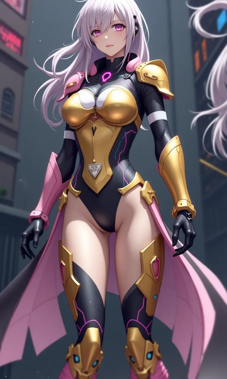 cyberpunked、pink long hair elf、eye glass、tight white leotard、(((Colossal tits)))、(((Cameltoe)))、Slim abs