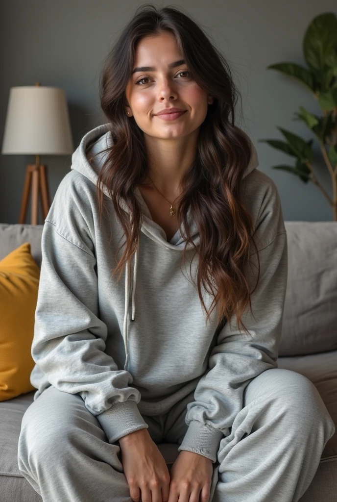 A woman wearing white panty and a dark green hoodie 