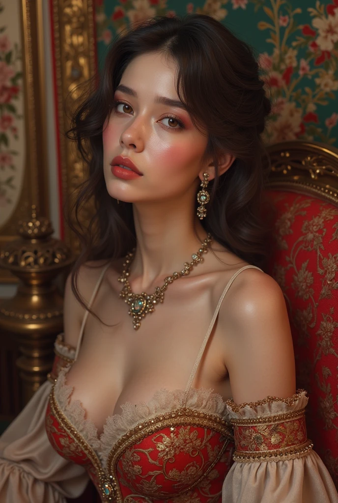 (best quality,4k,8k,highres,masterpiece:1.2),ultra-detailed,(realistic,photorealistic,photo-realistic:1.37),nude portrait,painting,pastels,personalized masterpiece,18th century,Russian,aristocratic,girl,noble daughter,18 years old, extremely beautiful face, expressive eyes, delicate nose, luscious lips, porcelain skin, rosy cheeks, flowing curls, beautiful nipples, stately posture, beautiful nude, sitting on the gorgeous chair, wearing faine necklace, fine jewelry, grand background, opulent interior, faint golden light, nude art, artistic nude, voluptuous body