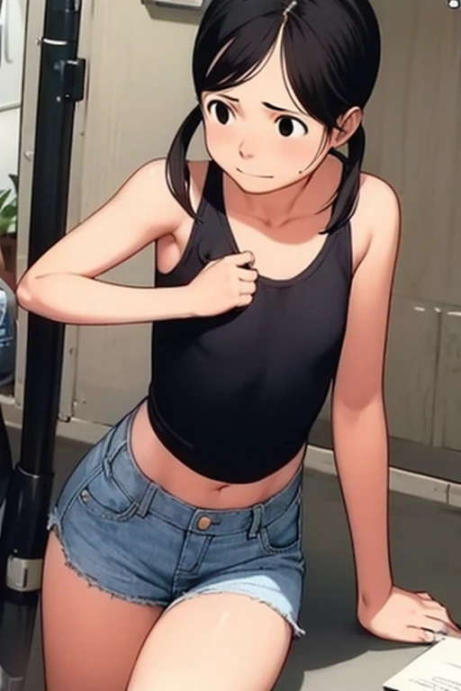 OshizuHebimoriR4, black hair, green eyes, camisole,denim shorts,navel,,looking viewer,,spoken heart,6yo,(petite),flat chest,grin,outdoor,