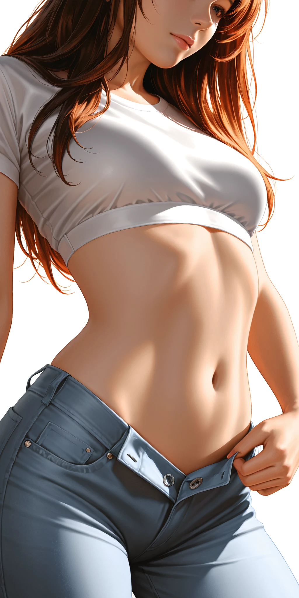 ((((masterpiece, best quality)))), ((33 year old)), (((Curvy))), ((Latina with long red hair)), in ((white tanktop)), ((white high cut panties)), ((Red lipstick)), ((Standing in a messy bathroom)), (((realistic 3D game model)))