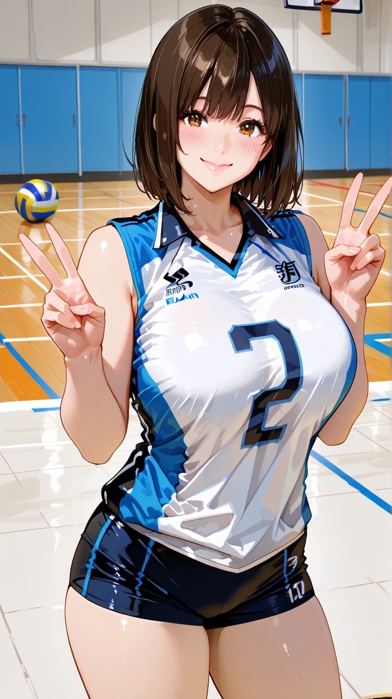 A woman in a uniform holding a volleyball ball, Only one female, /(Volleyball Uniforms/), /(Dark brown hair/) bangs, Blushing Smile, (Masterpiece Top quality:1.2) Delicate illustrations, super detailed, Big Break /(Indoor volleyball court/)