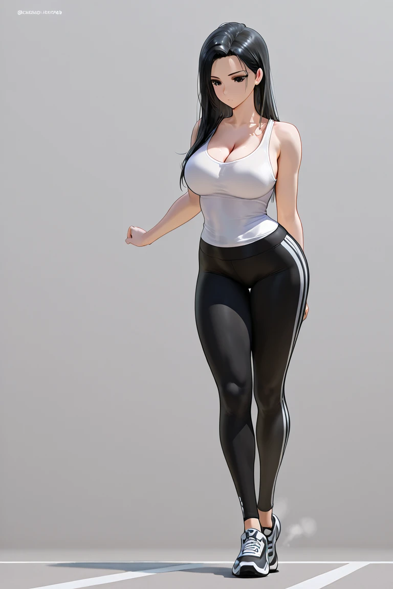 realistic photography, 16yo girl, long hair, her eyes are sweet and vibrant, her face symmetrical, pale skin, big bust, tank top, leggins, soft torch luminosity on the face by REMBRADT, Adobe Illustration, Trending on Artstation, 8K, hd, cinematic, masterpiece, magnificent art, best quality, romanticism, wide hips, full body view