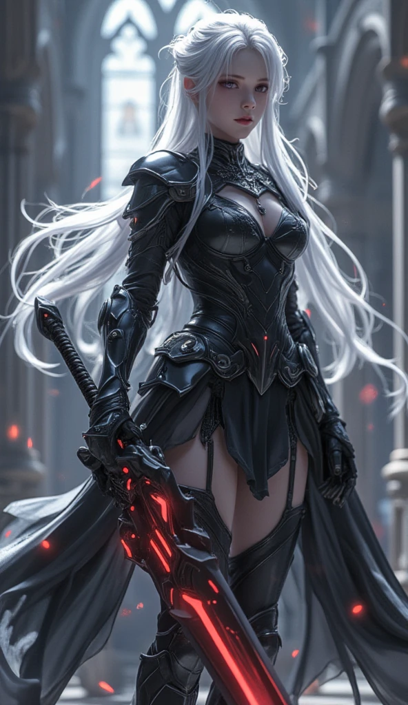 female elf necromancer, silver hair, white skin, emerald eyes, sinister aura black full leather armor, completely full body art, pointy ears, two-handed scythe weapon