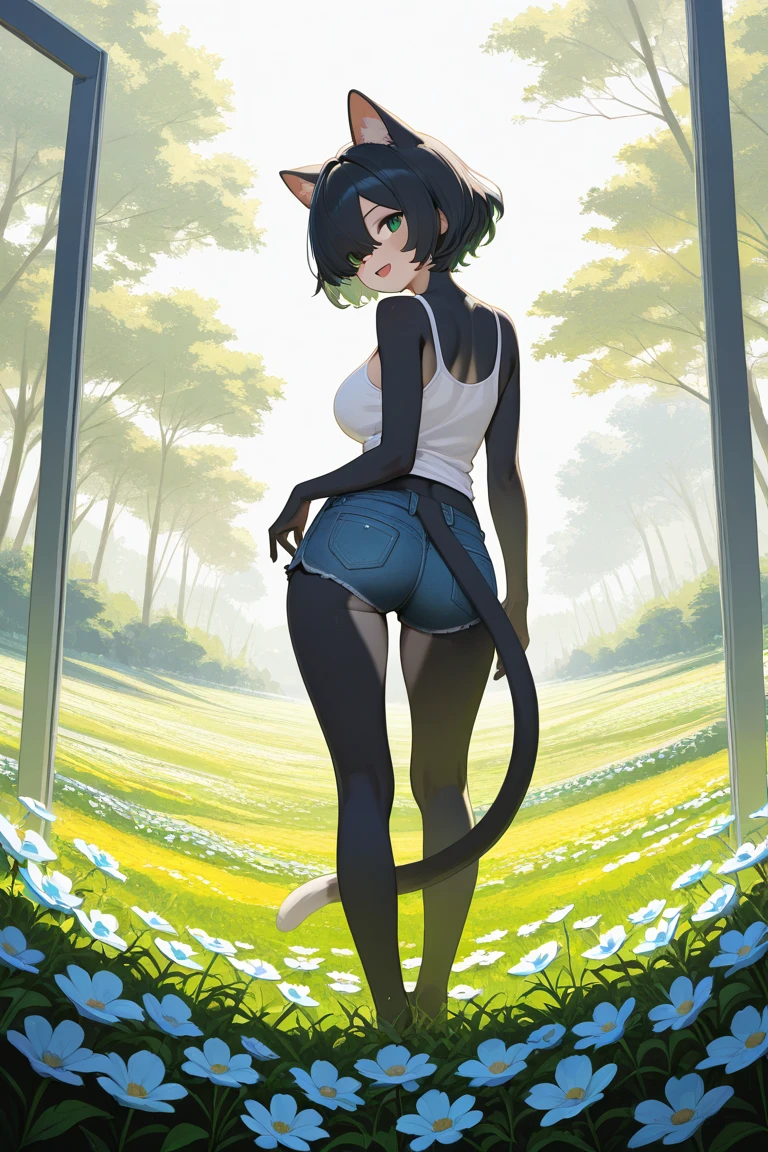 young girl, short blonde hair, turquoise eyes, Smile, cat ears, Black Top, black shorts, green jacket, open belly, zipper, Masterpiece, hiquality, 4k, HD, Good detail