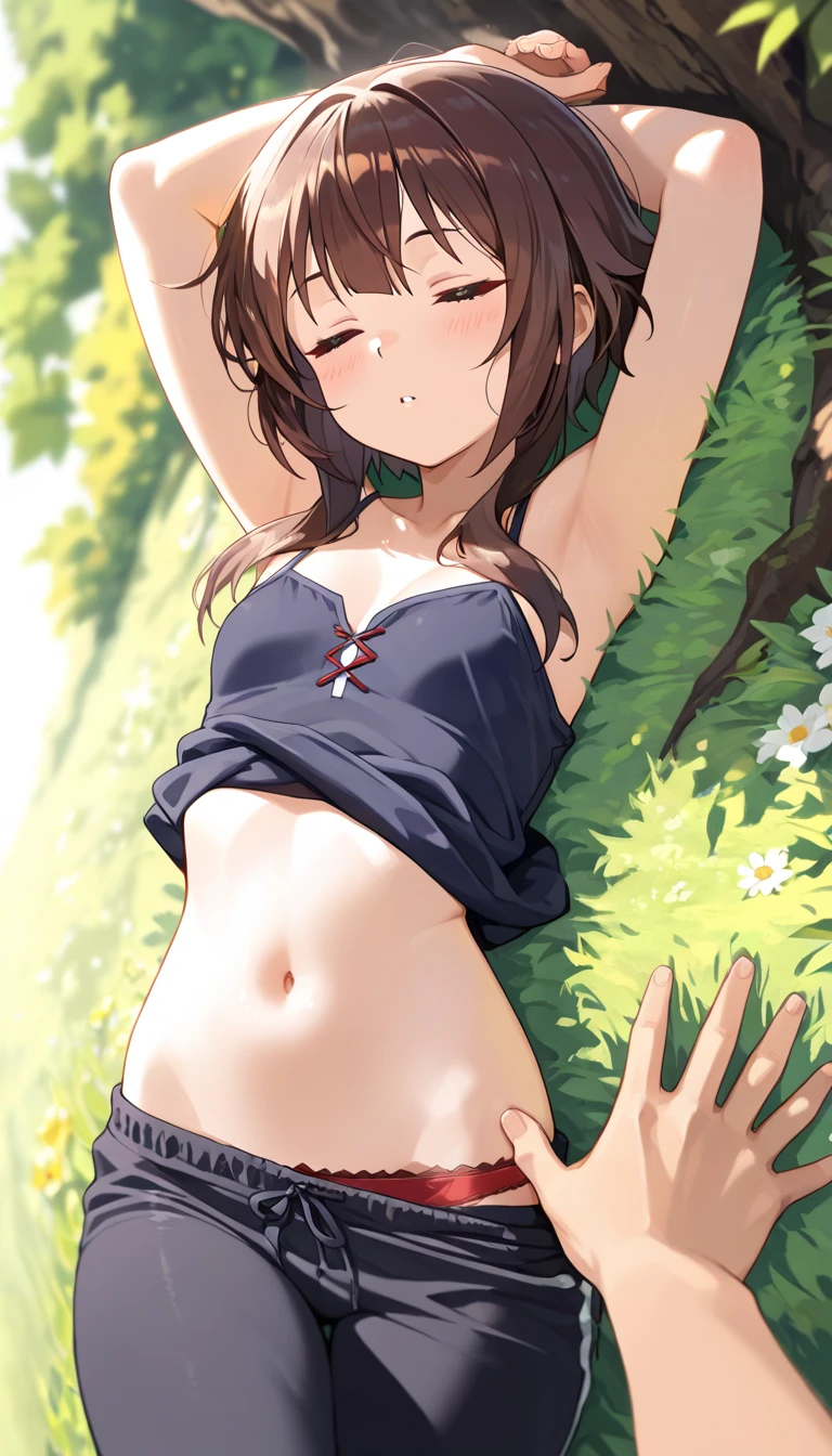 NSFW Highest quality Best image quality 4k Brown eyes Short Hair Brown Hair 4k Misaka Mikoto solo (((((Close ~ eyes)))) sleeping face sleep Lying on the grass Beautiful garden mat Completely naked cute black panties Raise your arms M-shaped legs