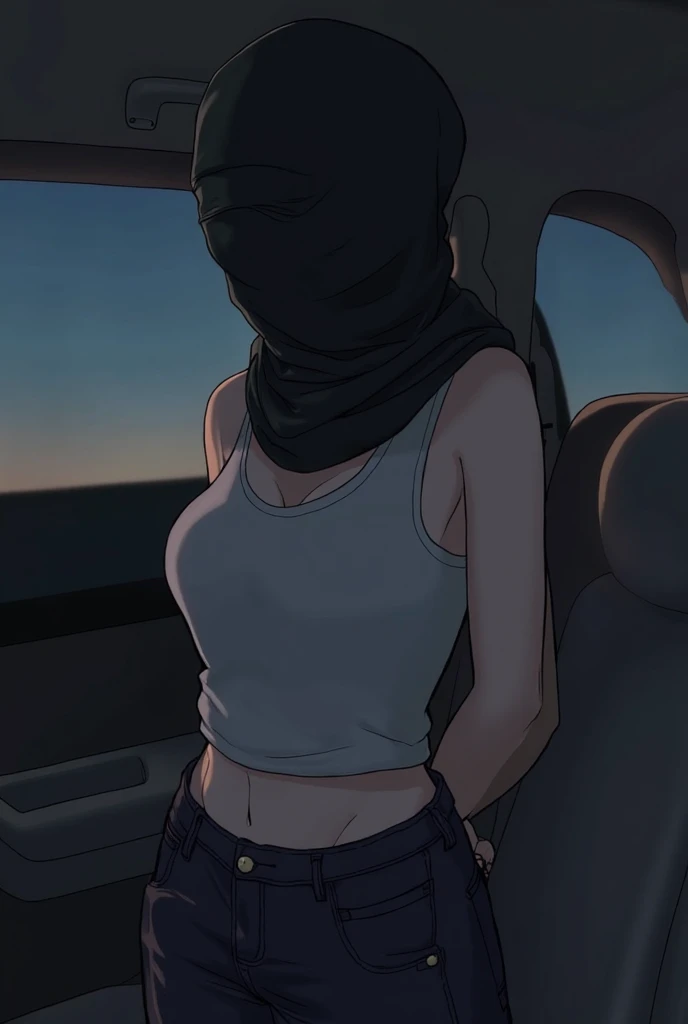 Male arab modern terrorist, terrorist, black balaclava, black bandage, white eyes, black clothes, thin waist, femboy, light skin, makeup, black eyeliner, big eyelashes, black eyeshadow, choker, inside the car, desert, night, rain, hetero duo, 1girl, brown long hair girl, girl without a mask, makeup, penis, penis in her pussy, sex