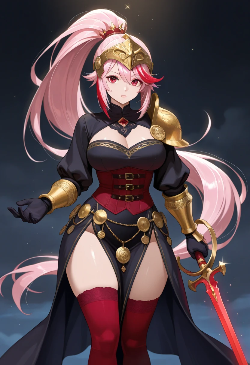 ((Warrior cat girl holding a golden sword with a shield and black armor her skin is white and her cat ears are long her breasts are big and her cat tail is long She wears a pink kimono under her armor)), woman wearing full bodystocking, necromancer, raven, MILF, (very large breast), milf, (mature female), gloves, earrings, navel focus, capes, Elegant body, curvaceous but thin, the woman have beautiful detailed eyes, detailed textures, otherworldly ruins, fantasy, RPG, Dark atmosphere, extreme shading, masterpiece, best quality, milf, mature female, milfication, The armor covers her breasts and abdomen. Blue and yellow eyes mixed