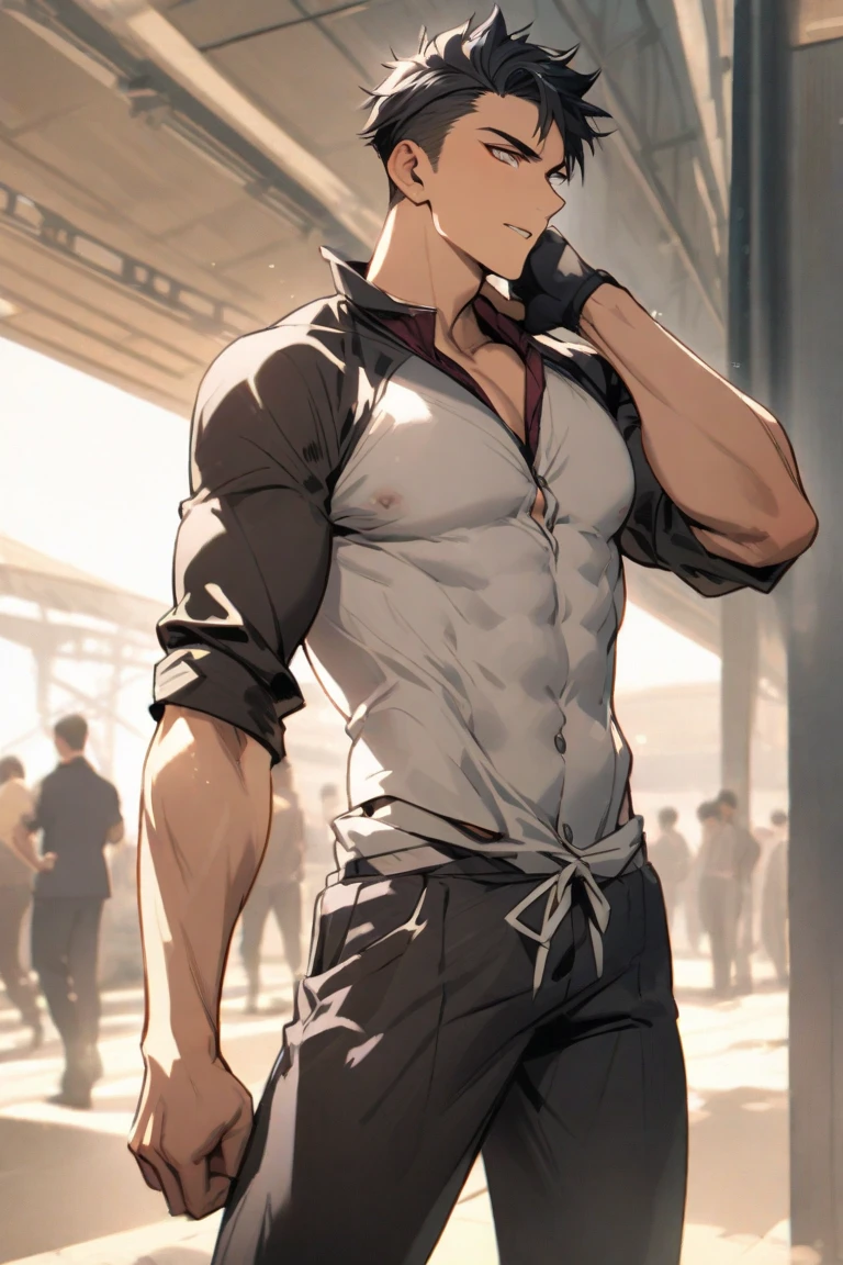 Highest image quality,male people,1 boy,Young and handsome,shoun,Short flat top hair,Dark skin,anime,anime wallpaper,Solo,malefocus,Briefs,Dilation of the pectoral muscles,Bulging crotch,Urban background,spread their legs,Sexy,(Masterpiece, Best quality),Long white socks,Boots,CG sense,Dark atmosphere,8K,Cinematic lighting effects