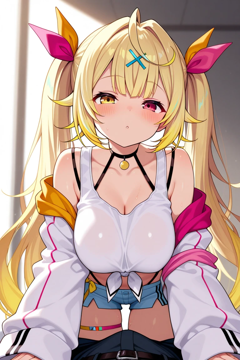 (masterpiece, best quality), best quality, (ultra-detailed), (3heads:1.5), 1girl, (ellen (touhou):1.3), masterpiece, best quality, ultra quality, ultra resolution, ultra detail, red top, crop top, ((stomach)), midriff, ((groin)), red skirt, normal ears, shackles, blonde hair, very long hair, wavy hair, sidelocks, green eyes, parted lips, open belly, sweat, cute, toned belly, hand on own chest, eyelashes, (24 year old woman:1.3), (masterpiece:1.5), (best quality:1.5), (beautiful detailed, extremely detailed CG, extremely delicate and beautiful, depth of field, (finely detailed face), (perfect details:1.3), (mature female:1.4), wide pelvis, slender, large veiny breast, 16k resolution, highres, high quality, high definition, extremely detailed, masterpiece, best quality, blonde hair, long hair, alluring presence, braid, short skirt, close up, big tits, young, hairband, red hairband, waist apron,