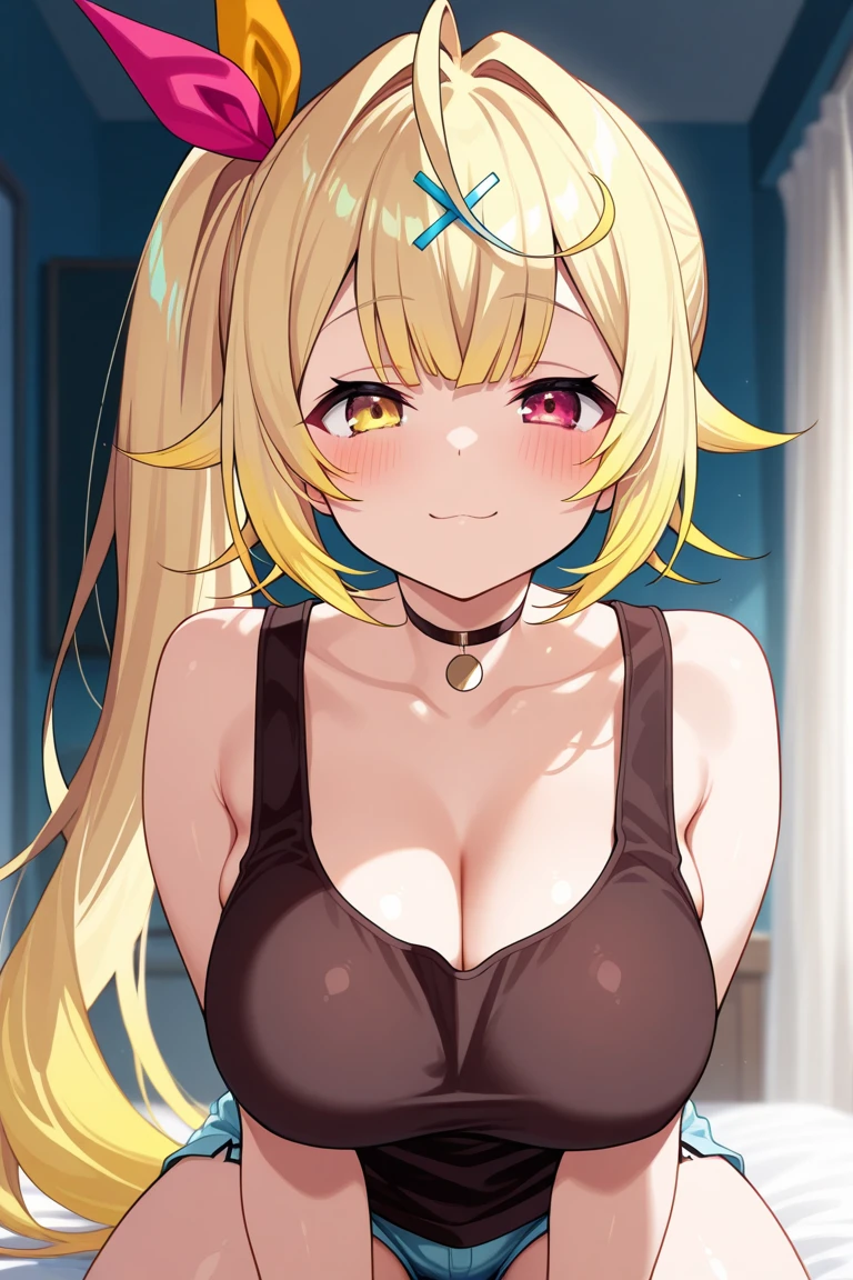 masterpiece, best quality, looking at viewer, upper body, portrait, looking at viewer, seductive smile, put your hands behind your head, armpits, armpits visible, sweaty armpits, Junko Enoshima, very large breasts, blonde hair, blue eyes , wearing white tanktop, twintail