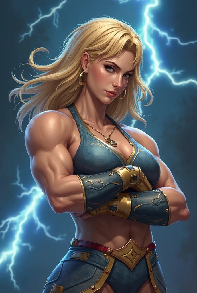 1girl, beautiful Valeea Sanguinar, girl's face, sexy, curvy, (feminine), (bodybuilder:1.4), (muscular), (biceps), sfw, white hair with (yellow stripe), single braid, glowing blue eyes, mage, wizard, magical staff, magic ice shards, white and blue cloth, bra, crop top, anchor pendant, short sleeves, pauldrons, magical palace, castle, looking at viewer, volumetric lighting, best quality, masterpiece