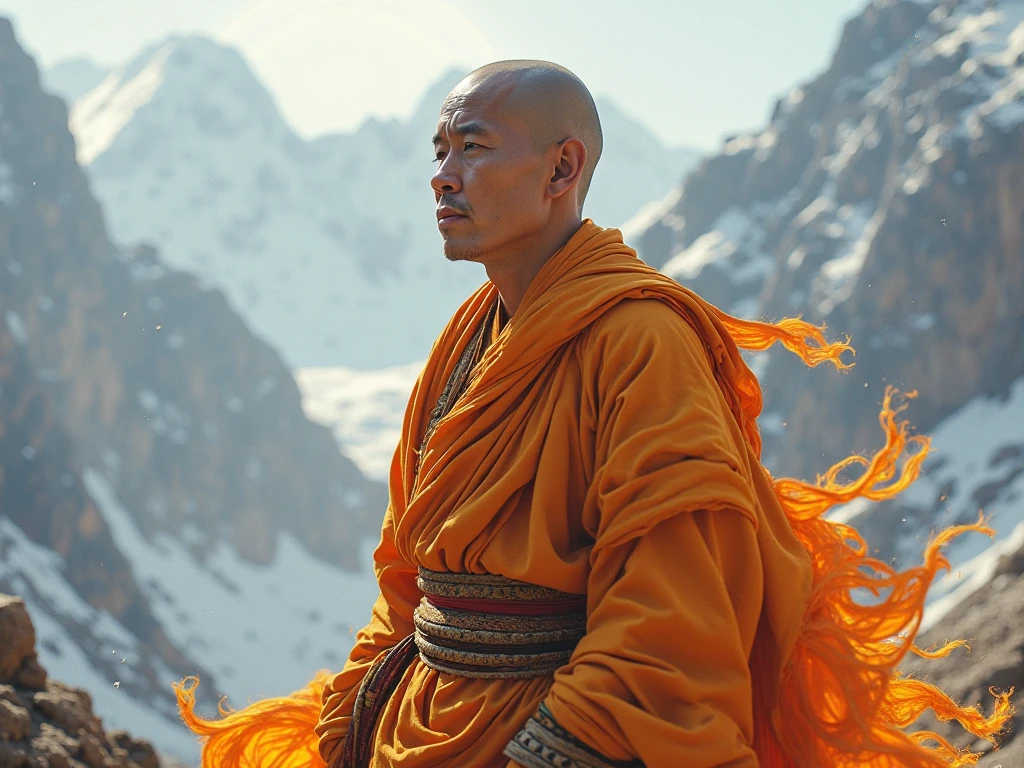 Create a monk meditating on top of a mountain