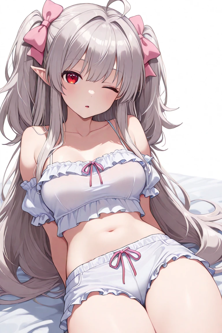 (best quality), (masterpiece), (highly detailed), (Isekai Nonbiri Nouka Yaa), (yaa), One girl, light smile, closed mouth, dark skin, blonde hair, long hair, orange eyes, pointy ears, hairband, small breasts,  (Realistic white lace bra pantie), (white lace bra), (white lace Panties),  ( lying on back), (legs up), (spread legs), looking at the viewer, cowboy shot, indoors, bed, nsfw