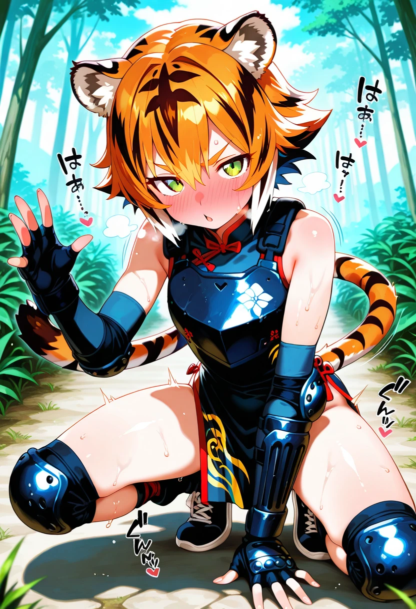 score_9, score_8_up) score_7_up, score_6_up, solo, tiger, kemono, anthro, cute, short hair, blue eyes, white pupils, sexy pose, orange fur, corruption, croptop, harness, thigh highs, horns, latex, panties, ((pubic tattoo)), heart cutout, small breasts, outside,