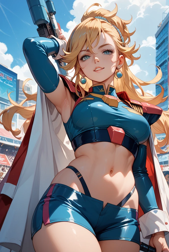 1girl, sky background, busty, cleavage cutout, boob window, large breasts, nsfw, cptMarvel, bodysuit, exposed midriff