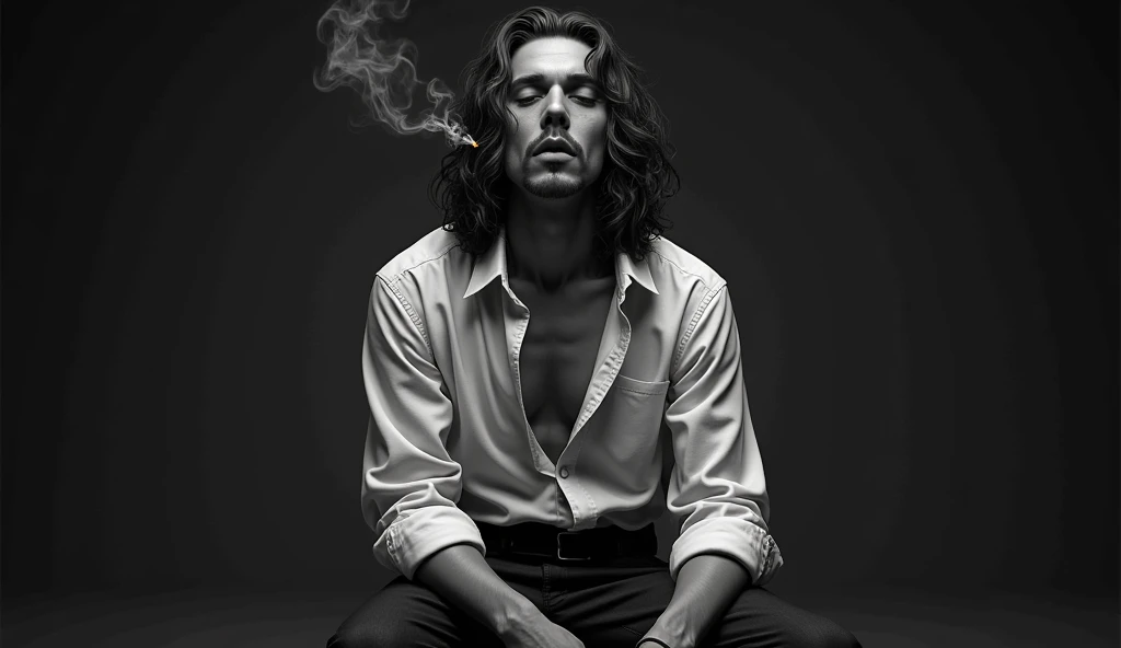 a black and white photo of a man smoking a cigarette, by Silvia Pelissero, frank dillane, by Micha Klein, by Austin English, by Karl Buesgen, by Emma Andijewska, by Byron Galvez, by Dan Frazier, by Matija Jama, by Matteo Pérez, post malone, by Daniel Lieske