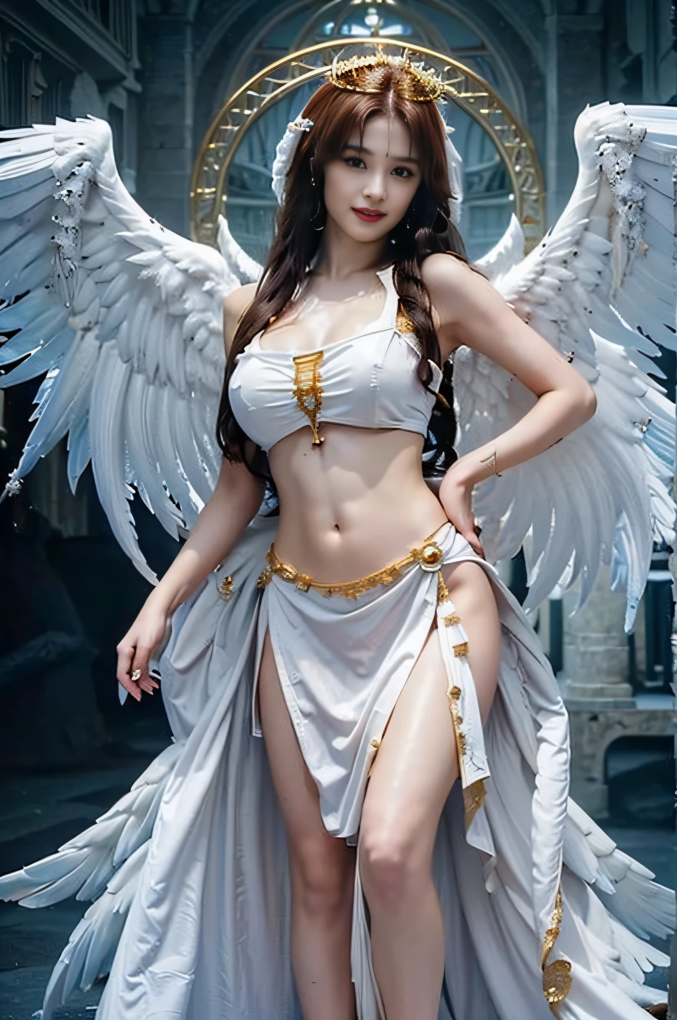((Very beautiful angel queen,The final form as a perfect angel, the masterpiece of an angel,Huge and intricate angel wings,The most dignified wings,Golden light,shining background,The most opulent and holy temple background,White and gold temple background,King of Angels,The most dignified angel,Intricate and solemn dresses,Light blue and gold embellishment dress on white,Light blue and gold dress on white base,Complex and majestic angel figure,The most majestic figure of the devil,The most intricately depicted figure of an angel,The World's Most Beautiful,Unimaginable beauties,divine atmosphere,The most intricate and beautiful dresses,Intricate reproduction of the perfect angelic detail,The figure of an unimaginably gorgeous angel,The figure of an unimaginably huge angel)), (((Tyndall effect;1.45))), ((Most beautiful face,Half Japan and half Spanish,The biggest happy smile,Beautiful wavy hair,Black and red hair,The most luxurious and intricate dresses,The biggest smile looking at the camera)),(Elegant standing figure,Fold your hands in front of your navel,)),Chest that seems to burst,Giant wings of angels,The background is the appearance of a perfect angel castle,Masterpiece,8K,very intricate,ultra-detailliert, nsfw
