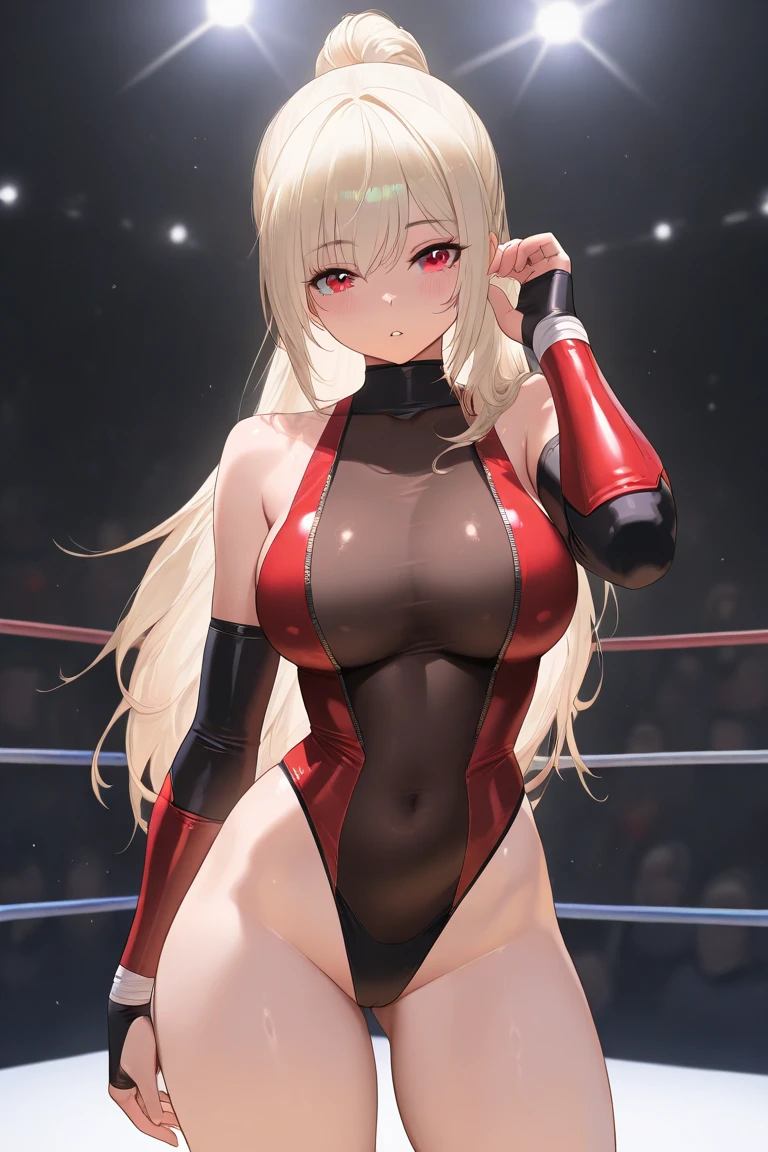 A beautiful blonde woman with three braids and deep red eyes, wearing sexy costume, gazing condescendingly at the viewer with a cute grinning expression, extremely detailed and realistic, masterpiece quality, ultra-detailed, HDR, studio lighting, vivid colors, physically-based rendering, thick muscular thighs, beautiful muscular thighs,((Raise your arms, Expose your armpits), very strong wrestler