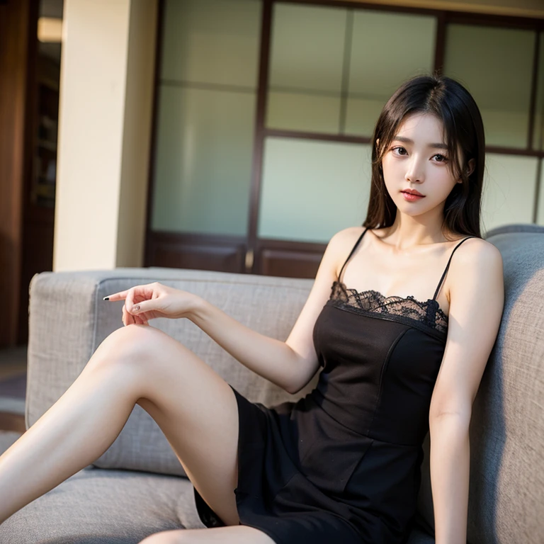 ((Best picture quality, 8K, tmasterpiece:1.3)), 1girll, Casual hairstyle, (shift dresses:1.3),(wet see through clothes:1.4),Ultra-fine face, A detailed eye, 二重まぶた,(long leges:1.4),(athletic sneakers:1.3)Erlang legs,Sit sideways on the sofa