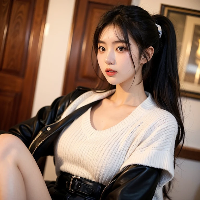 (Highest quality,8K,High resolution,masterpiece:1.5),alone,Beautiful attention to detail,Beautifully detailed face,plump:1.2,Attractive face,Long and straight、Black hair cute outfit,girl,girl in a hotel room,Slightly downward-facing eyes,Short skirt,Visible cracks,Japanese woman in her 20s,Seductive look,Little pout,plump lips,Rebellious Makeup, I can see up to my knees　A little ugly　Female college student
