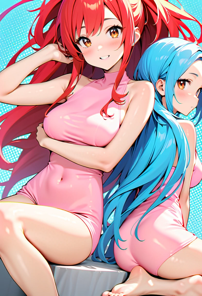 masterpiece, best quality:1.5, ultra-detailed, illustration), ((2heads:1.5)), beautiful girl, straight long hair, ((red hair)), ((blue hair)),  happy, one eyes close, sexy poses , conjoined, looking the mirror, naked towel, dressing room