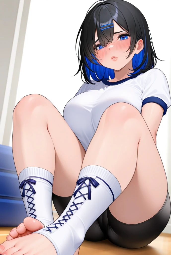 NSFW, A large amount of urine is overflowing from the blushing female chef's pussy. Short bob, black hair, no panties, bare legs