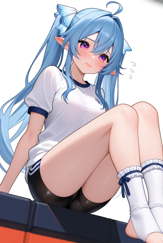 Best Image Quality, 8 k, high quality, masterpiece:1.2), ((masterpiece)), (high detail, high quality, Best Image Quality), solo, 1 girl, Konosuba ,aqua, detailed face, A smirk on his face,, looks at the viewer, detailed clothing, detailed fabric, Hair rings, sports suit, topic, leggings, sneakers, Bedroom, sitting on the splits