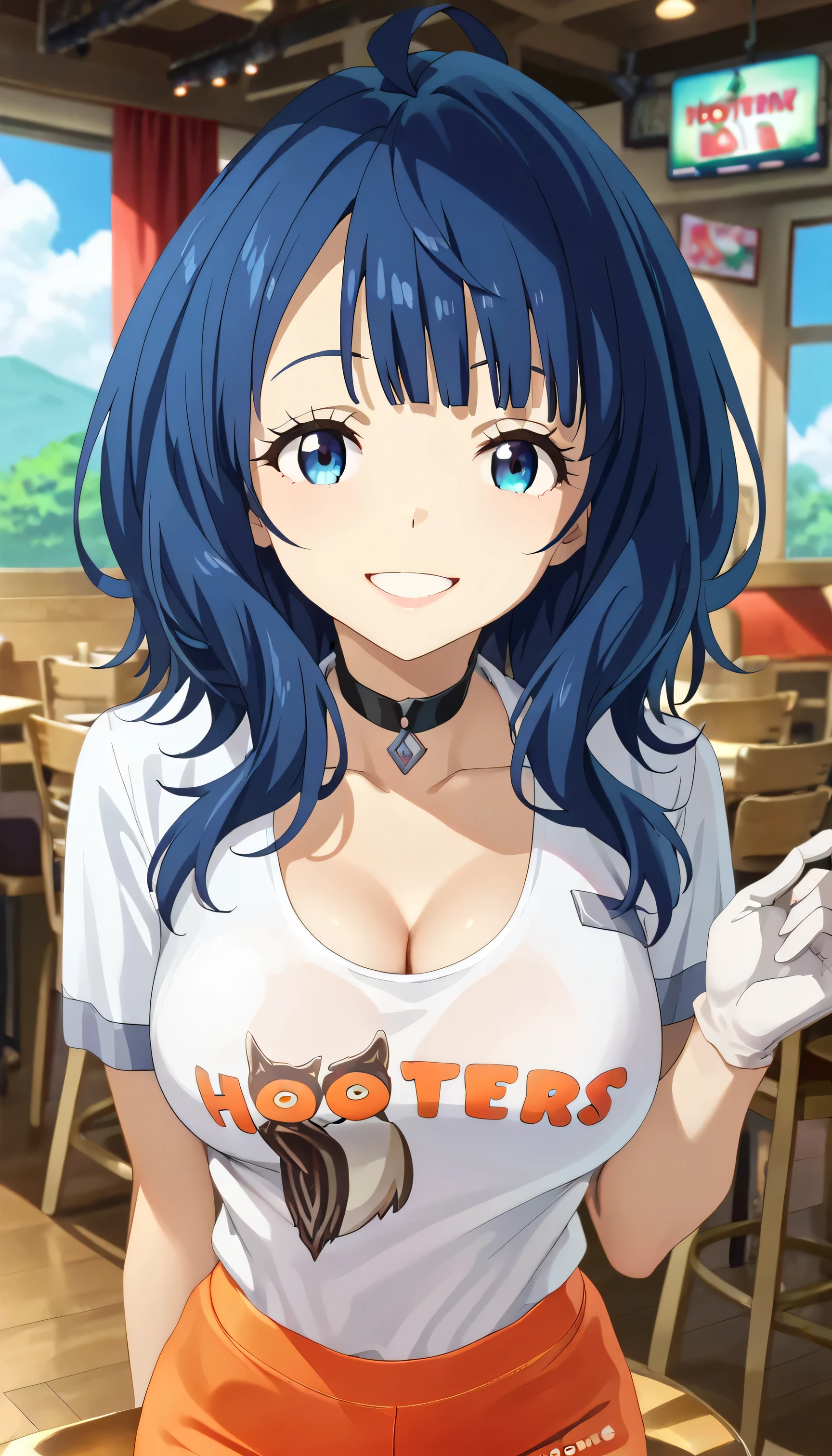 1 Female,High definition,high resolution,8K, yanamianna, 1girl, solo, medium hair, ahoge, large breasts,blue hair, blue eyes, black choker, white gloves, blunt bangs, white shirt, Hooters Uniform , orange shorts, pantyhose,European,sexy,restaurant background,Photographed from the front,Dynamic Angles, beautiful face, smiling, highly detailed, HD