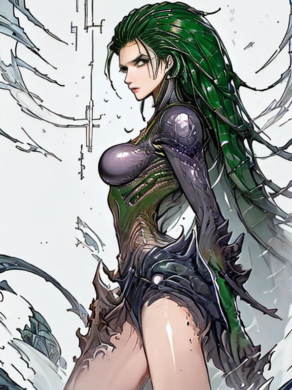 best quality, masterpiece, raytracing, ultra detailed, detailed face, 8k wallpaper, wide hips, green hair, green eyes
