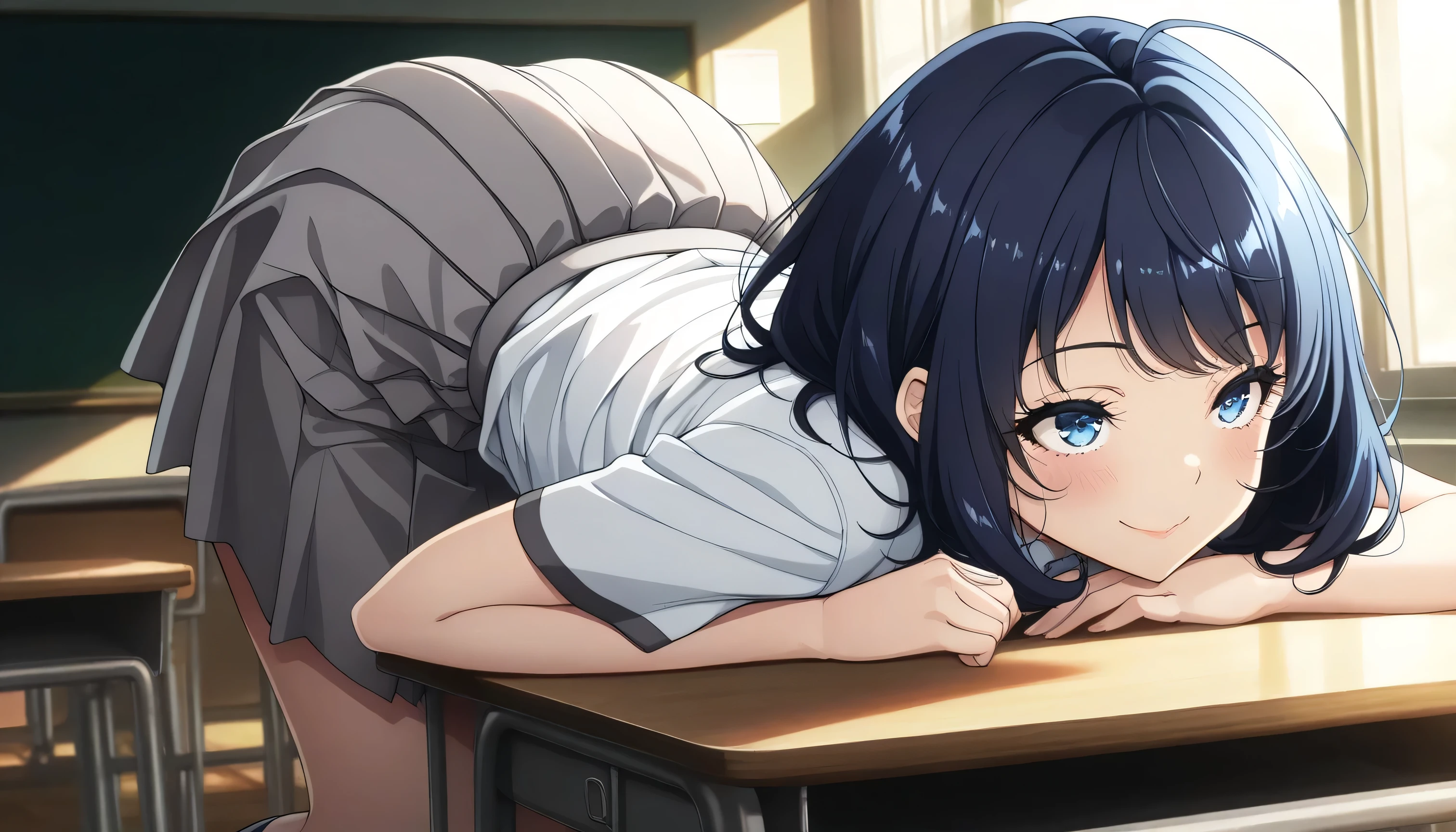 (yanamianna), 1 female, ( beautiful high school girl , beautiful skin, smile, blush), medium hair, ahoge, blue hair, blue eyes, Beautiful and shining eyes, glossy lips , very detailed目と顔, long eyelashes, ( shirt :1.6, pleated skirt, gray skirt, Crouch, Butt Oriented ), butt close-up, Crouch, classroom, Dark and Glamorous Light, Quiet, obscene, obscene, light shining in ,( top quality:1.2, very detailed, high detailed CG illustration , soft focus, Masterpiece:1.2, Best Aesthetics ),