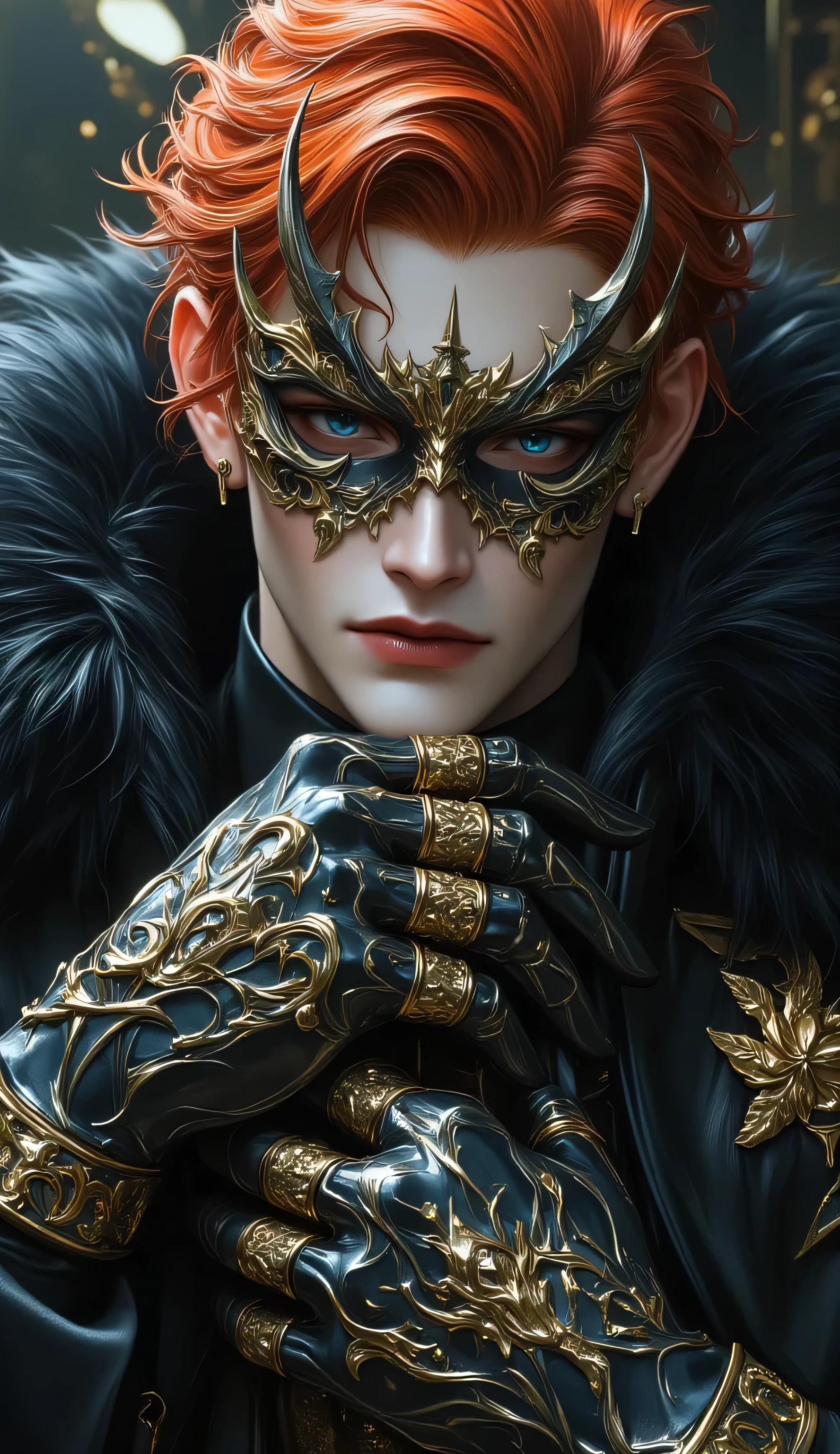 "A mesmerizing red-haired fantasy noble with vivid, fiery crimson hair swept back in elegant waves. His sharp, icy-blue eyes gleam from behind an ornate, silver-and-black gothic masquerade mask shaped like wings or thorns, perfectly framing his intense gaze. His expression is fierce yet graceful — a noble warrior with a mysterious allure. He wears a dark, regal coat detailed with golden embroidery and high-status embellishments, layered beneath a lavish white fur-lined mantle draped over his shoulders. Intricate metallic gauntlets enclose his wrists, shimmering with baroque patterns and accented with ornate golden inlays. A subtle lip tint, flawless pale skin, and perfectly sculpted features enhance his aristocratic appearance. He clasps his cloak with one hand, adorned with elegant rings. Dramatic lighting — cool shadows with soft golden highlights — adds cinematic depth and intensity. Ultra-detailed, hyperrealistic fantasy styling, immaculate fashion design, sharp facial symmetry, 4K UHD rendering, rich textures, glowing reflections on the metal, ArtStation trending, character concept for a masked royal assassin or secret prince."