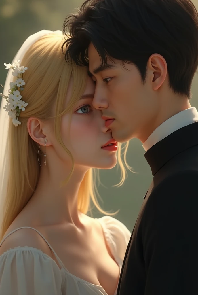 (absurdres, highres, ultra detailed), (cinematic), (UHD), solo, 1man, mature, happy, upper body, blonde short hair, fantasy, spring, garden, closed mouth, (cinematic, best quality, UHD), ((official art)), ((pop art))profile, simple hut, detailed face, (extremely detailed eyes), naruto uzumaki, ((nobility)), (((prince black attire))), emperor, duke, She is asian hijab girl. masturbating. her hand is on her vagina. surrounded by naked  forest with a waterfall. high quality. Not miss legs