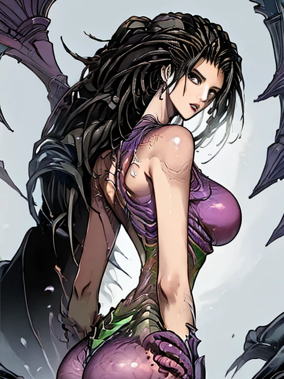 (masterpiece, best quality), 1lady, solo, (white Scales, scaly body:1), black hair, red eyes, (art by Adam Hughes, zdzislaw beksinski, dariusz zawadzki, giger, frank cho), (big breasts:1), (naked:0.09), (dimple:1), (harpy, claws, feathers:1), mythical Greece, perfect limbs, elegant hands, beautiful detailed face, detailed eyes, detailed lips,