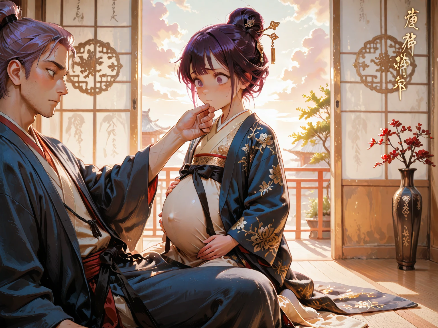 Masterpiece, Best quality, 1 The male protagonist lies on the pregnant belly of his wife Mature woman, Chinese style, Ancient China, Smile, Brown hair, Princess cut,