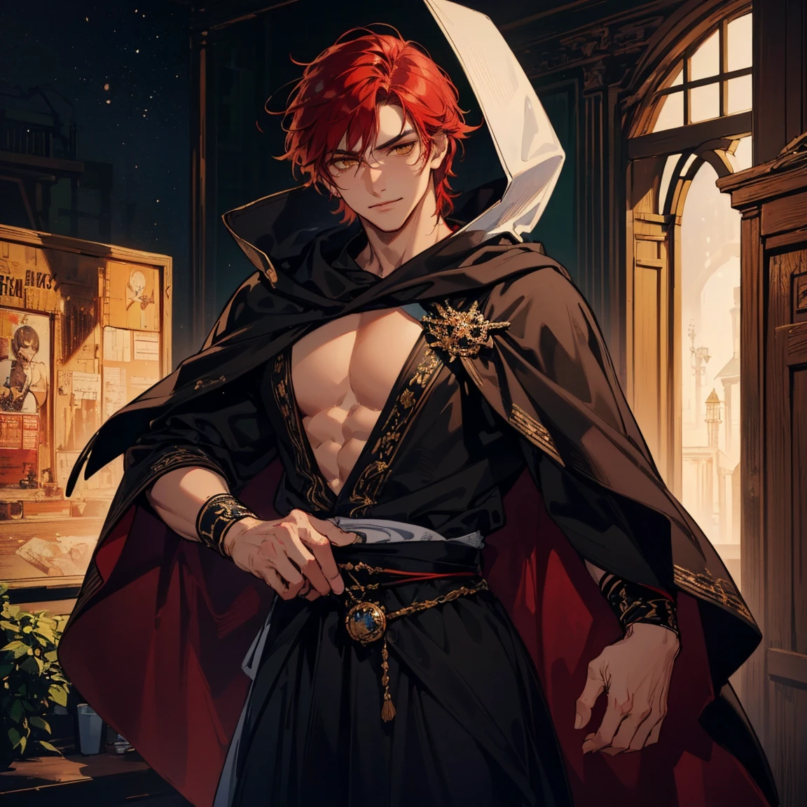 a redheaded man with fox ears, shirtless,fullbody,extremely detailed portrait, photorealistic, high quality, intricate details, 8k, masterpiece, vibrant colors, cinematic lighting, fantasy, digital art
