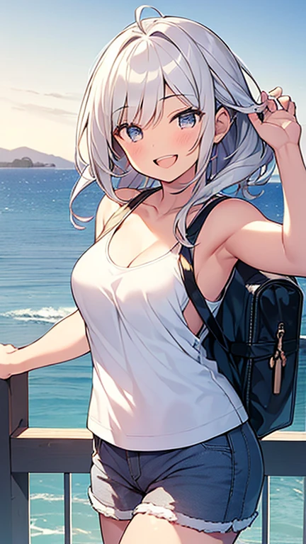 (Masterpiece, Top quality: 1.5), from side:1.3, upper body, 1 beautiful girl, silver hair,  (Tank top、 Shorts :1.3), Summer clothes, hairpin, medium hair, Braided hair, wave hair, Hair swaying in the wind, Keep your head small, (15 year old:1.2), big breasts, standard weight, one knapsack, (smile:1.5), blush :1.2,closed eyes, open mouth, beautiful scene , Mediterranean cityscape, magnificent panorama view, dynamic pose