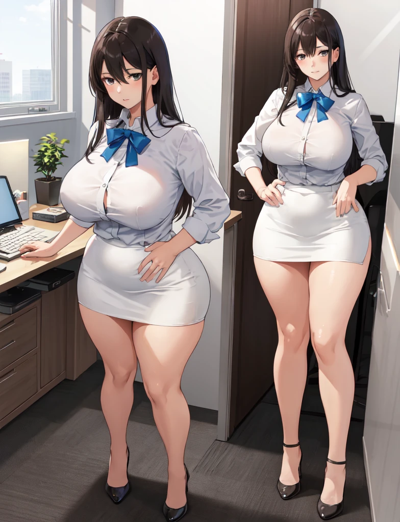 girl, alone, whole body, From head to toe, Are standing, (Huge Saggy Tits:1.3),
Character design sheet, Character Reference Sheet, 設計図のSchematic, Drafting, Blueprint, Schematic,
((Character design sheet:1.7, Character Reference Sheet:1.7,)),
anime/cartoon character wearing a girls , 1girl, alone, ,Mature Woman,Cleavage,Long sleeve,Collared shirt,White shirt,,(Tight Skirt),((garter belt)),(High heels),Skirt Suit,mini skirt,office lady,Long Hair, bow, , (Very short skirt:1.4), (lingerie:1.5),secretary,Thin glasses, (In underwear:1.8),nsfw,Full nudity、