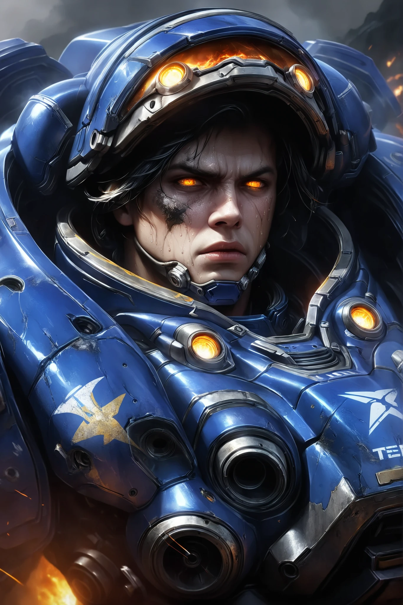 ((masterpiece)), ((RAW 8K)), ((ultra realistic)), ((photorealistic)), medium close-up of a Terran Marine from Starcraft II with helmet open, revealing a gritty and battle-worn human face with a stern and focused expression, short tousled hair slightly damp with sweat, light scars and dirt on the skin, heavy power armor visible around the shoulders and  with glowing blue elements and detailed textures, subtle steam and sparks rising from the armor, background showing a smoky battlefield with hints of burning wreckage and plasma fire, dramatic sci-fi lighting with blue-orange contrast, rim light highlighting facial contours, gritty and cinematic military atmosphere
