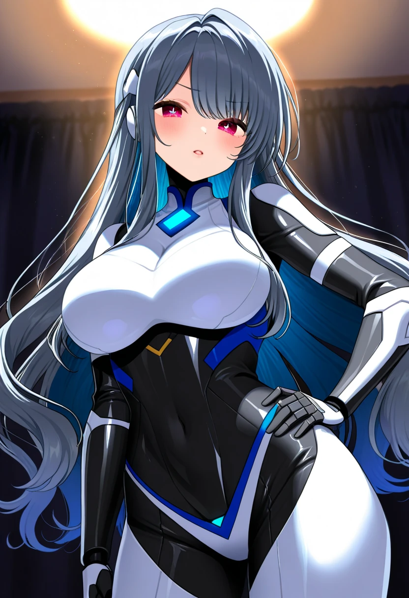 Phantasy Star Portable２　Game Characters　Ouka Nagisa　((Big Tits))　One beautiful girl　((Beautiful long black hair))　Jade green eyes　Highest quality　Bangs Princess Cut　((He wears an eyepatch on his right eye))　White formal wear　mini skirt　He has a giant blue mechanical sword　Her skin is as white as possible, and she wears blue knee-high boots　Deuman　Mysterious atmosphere　Space Station　Cute Girls　Rin々A funny expression　　　