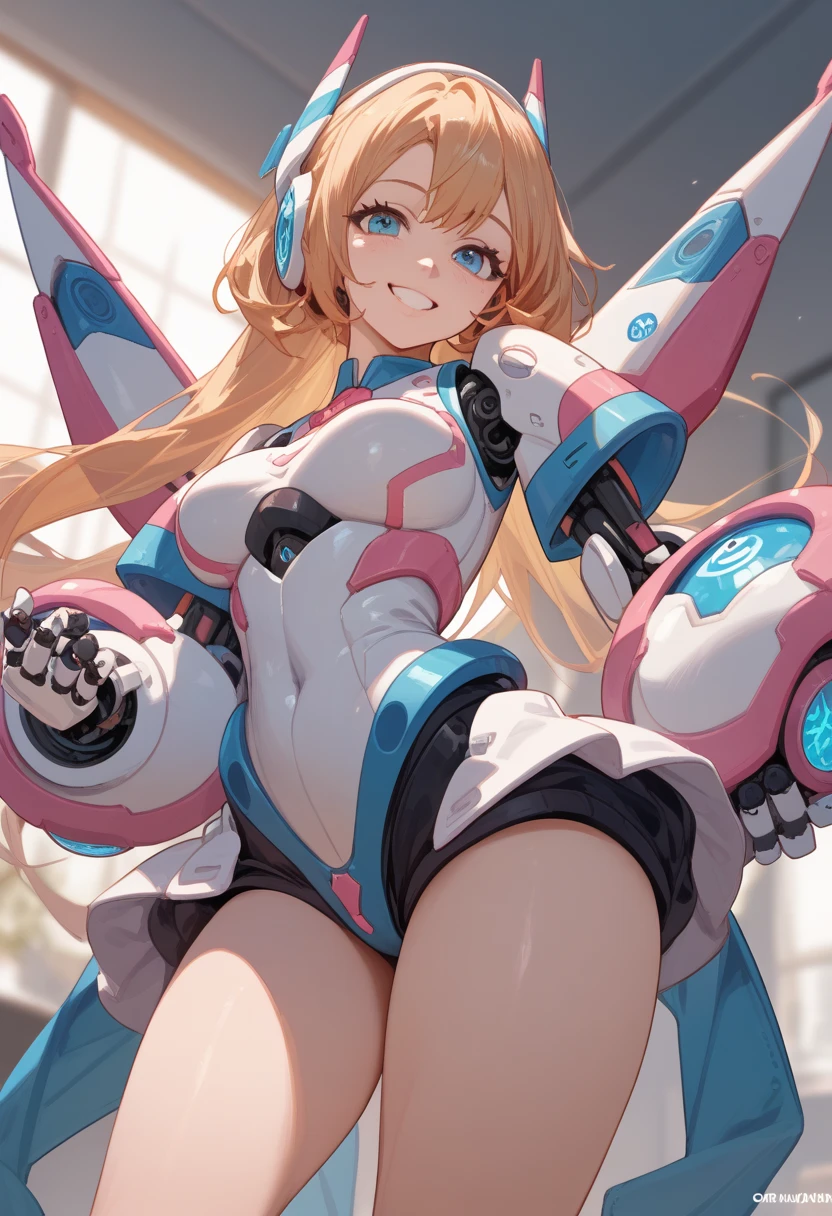 score_9, score_8_up, score_7_up, source_anime, masterpiece, best quality, high resolution, extremely detailed CG, absurdres, 1girl, a girl in mecha bunny_suit jumps high in the air, mecha_bunny_ears, fake animal ears, mecha armor,happy, kawaii, sky, jump, fishnet_thighhighs, large_breasts, holding weapon
