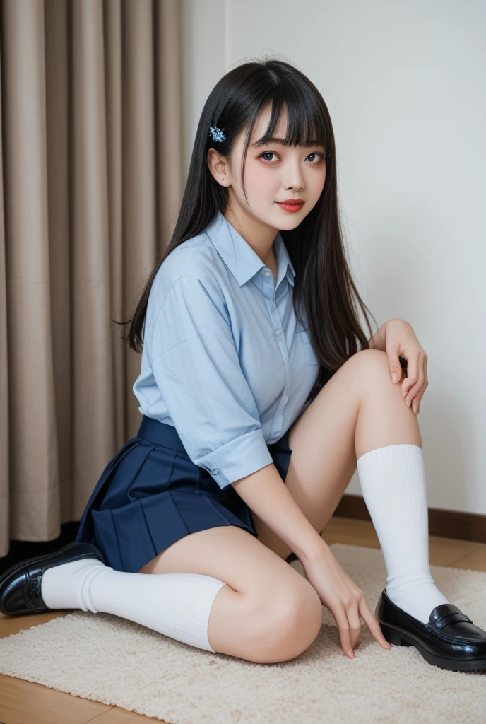 ulzzang -6500-v1.1、(Raw photo:1.2)、(photoRealstic:1.4)、a beautiful detailed girl、extremely detailed eye and face、beatiful detailed eyes、Ridiculous、unbelievable Ridiculous、huge filesize、ultra-detailliert、hight resolution、ighly detailed、top-quality、masterpiece、High school girl taking off uniform、A slight smil、detaileds、nffsw、unification、8k wallpaper、Magnifica、fine detailed、masterpiece、top-quality、Highly detailed ticker uniform 8k wallpaper、Light on the face、电影灯光、16 year old girl、dynamicposes、half、Barefoot without pantyhose、Beautiful knees、Sit with your knees bent、Open your knees tightly、pulling the hands up、Raw feet、without socks、opening legs、Open your legs well、Wide legs open、M-shaped legs、
