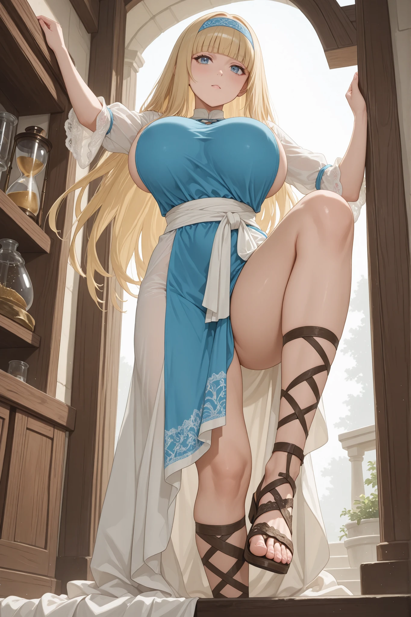 An extremely beautiful cute gorgeous blonde mother with big blue eyes and extremely shiny white fair skin, wearing a long black off-shoulder dress with white heels, Smiling, holding a wooden bucket, looking at the user, pink blushes on her cheeks.
