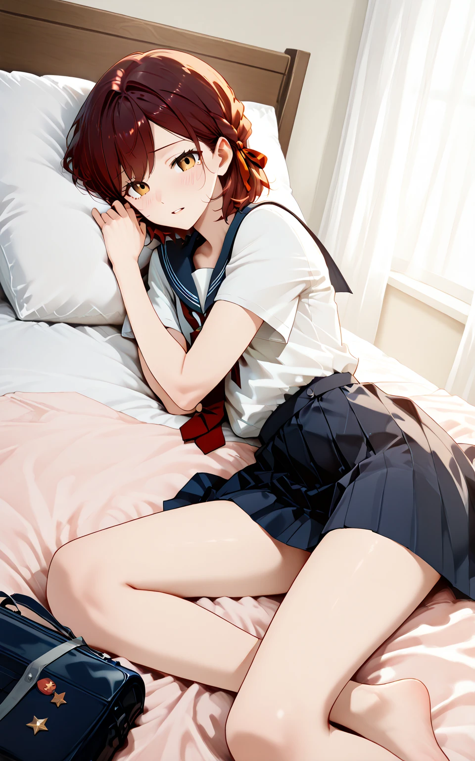 room, 1 Girl, Highest quality, Ultra-high resolution, Long Hair, Redhead, Green Eyes,Looking at the audience, Small breasts , smile, Open your mouth、Cowboy Shot、(Navy blue cuffs and white short-sleeved gym uniform)、(Navy Blue Bloomers)、(
barefoot)、Navy blue socks、(((Lie down in bed)))