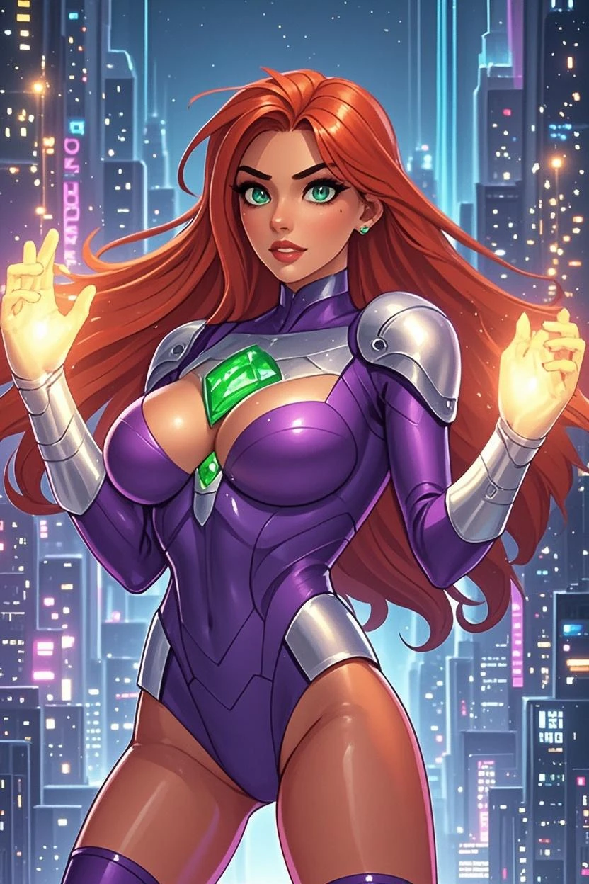 Starfire, long brown hair, green eyes, from below, glowing hair,
purple crop top, purple underwear, navel, purple gloves, cleavage cutout, covered nipples,
solo, upper body, cameltoe,
night, Gotham city, floating, green magic,
(insanely detailed, beautiful detailed face, masterpiece, best quality), <lora:Starfire:0.7>